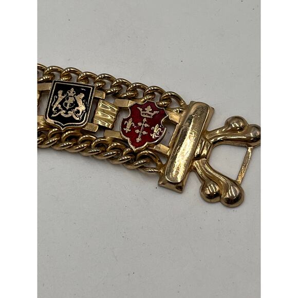 Vintage Gold Tone Red Blue Yellow Enamel Five Family Crest Shield Bracelet - Picture 6 of 10